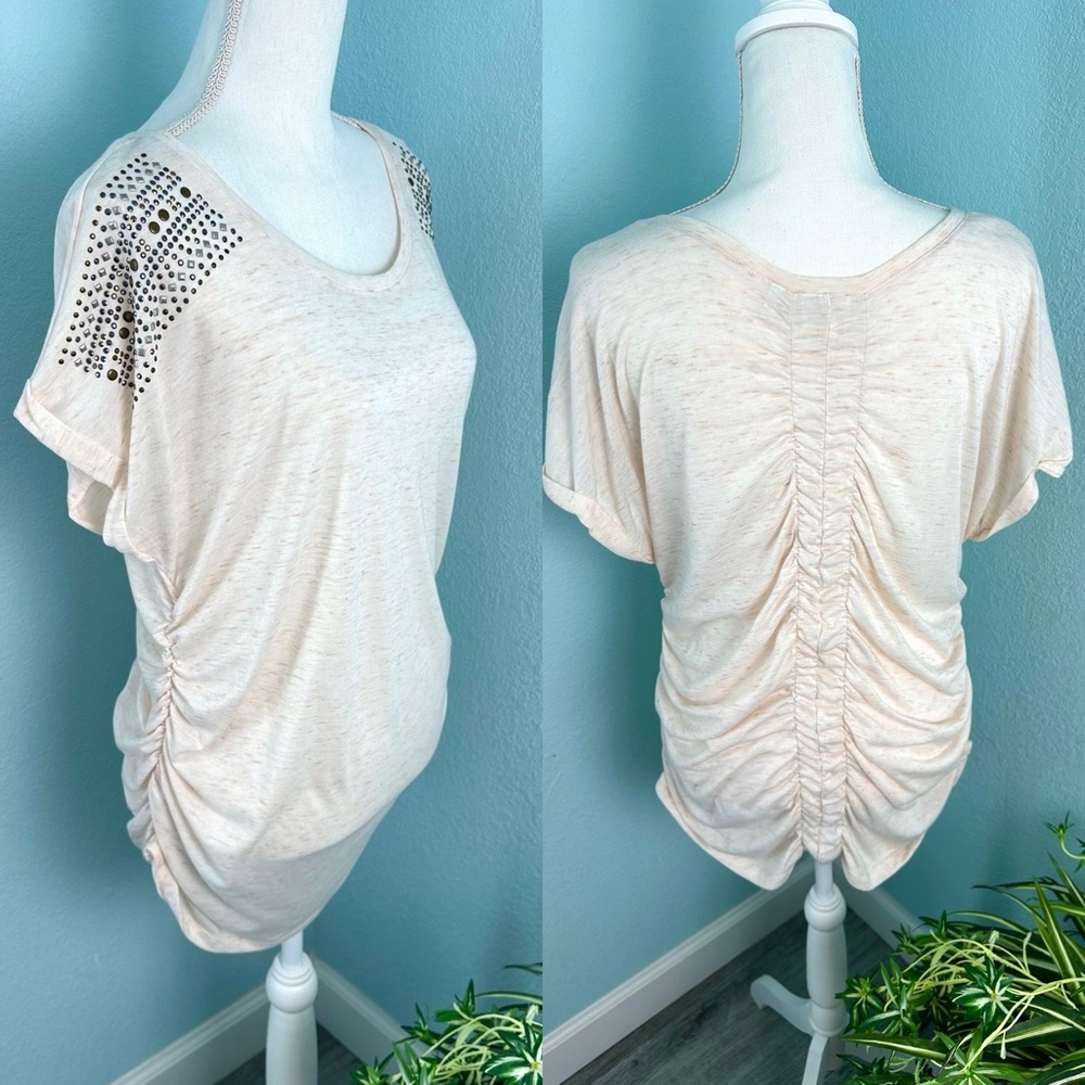 Cato Plus Size 18/20W Cream Rhinestone Ruched Blouse EUC